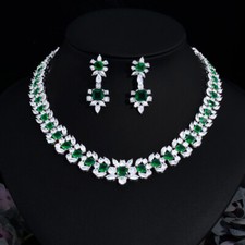 Silver Plated CZ Green Long Leaf Square Wedding Necklace Earrings Jewelry Set