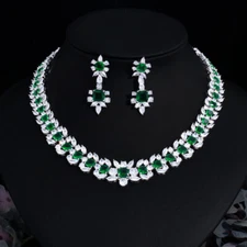 Silver Plated CZ Green Long Leaf Square Wedding Necklace Earrings Jewelry Set