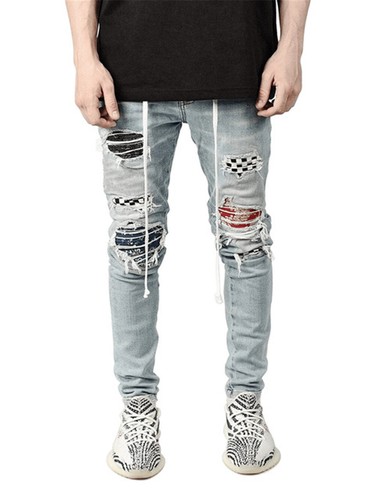 Men's Patchwork Ripped Biker Jeans – Stretch Denim, Pleated Knees, Streetwear Style | Distressed Skinny Fit - View #5
