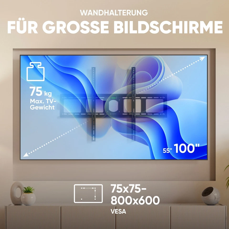 ONKRON TV Wandhalterung für 55-100 Zoll, bis 75 kg, max 800x600 VESA,UF4-B - Bild 2 von 4