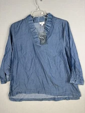 Crown & Ivy Top Women’s L Blue Chambray Blouse Ruffle V Neck Casual 3747