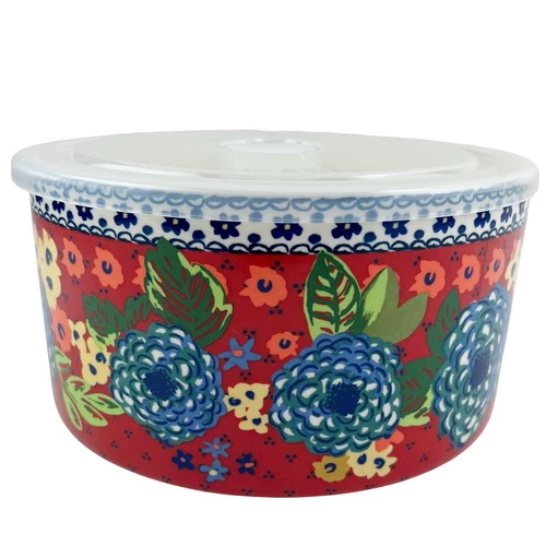 Pioneer Woman Dazzling Dahlias Ceramic Bowl with Plastic Lid Large 2 Qt  4" x 7"