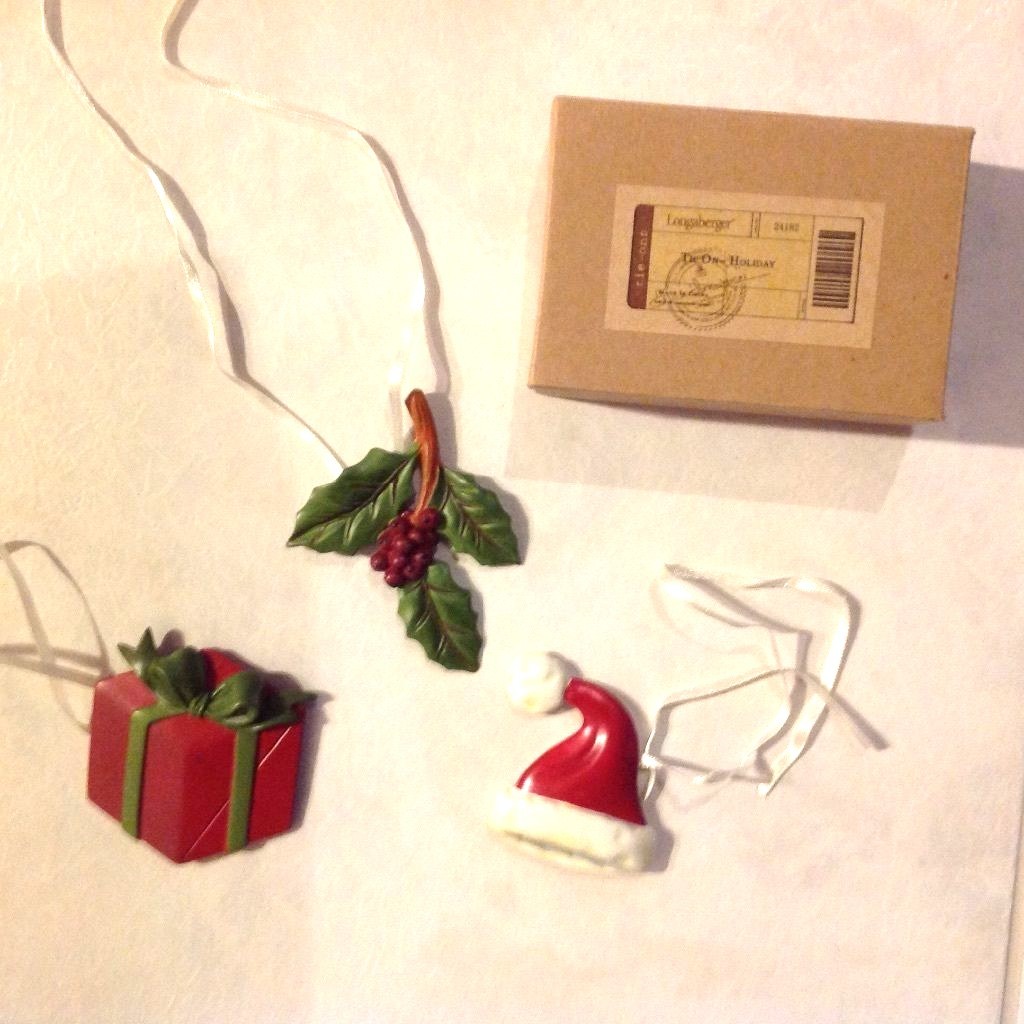 FREE SHIP 3 pc Longaberger Basket Tie On -  Santa Hat, Holly Berry, Gift Present