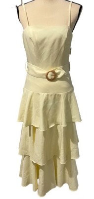 Mac Duggal Cream  Belted Tiered Ruffle Sleeveless Midi Dress Size 6 Orig $398