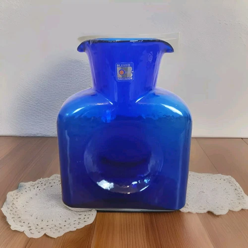 Vintage Blenko Glass Cobalt Double-Spout Water Pitcher/Vase w/ Original Sticker