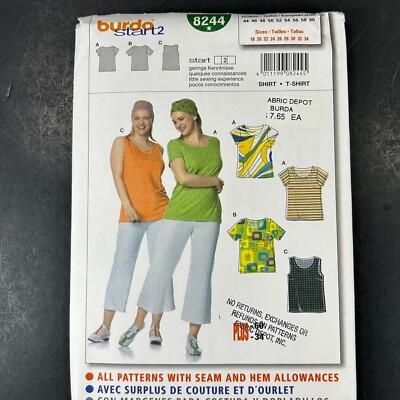 Burda 8244 Start 2 Misses Plus Knit T-Shirt Tank Top Uncut Size 18-34