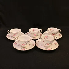 Royal Chelsea 5 Cups & Saucers 1951-1961 Roses & Purple Flowers 4377A Bone China
