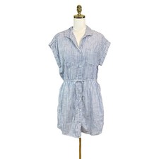 Japna Shirt Dress Size L Blue White Stripe Button Front Tie Waist Has Pockets