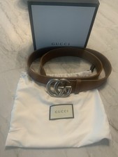 Authentic Gucci Brown Leather Belt With Nickel GG Buckle Size 100 / 40