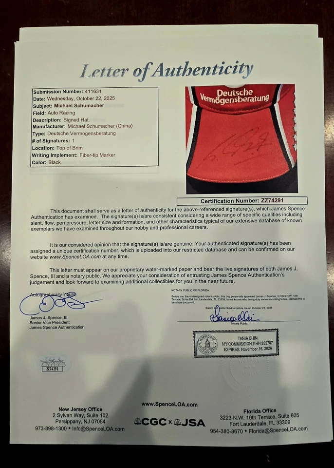 Michael Schumacher Autographed Ferrari Formula 1 Cap. JSA Certified  - Image 2 of 4