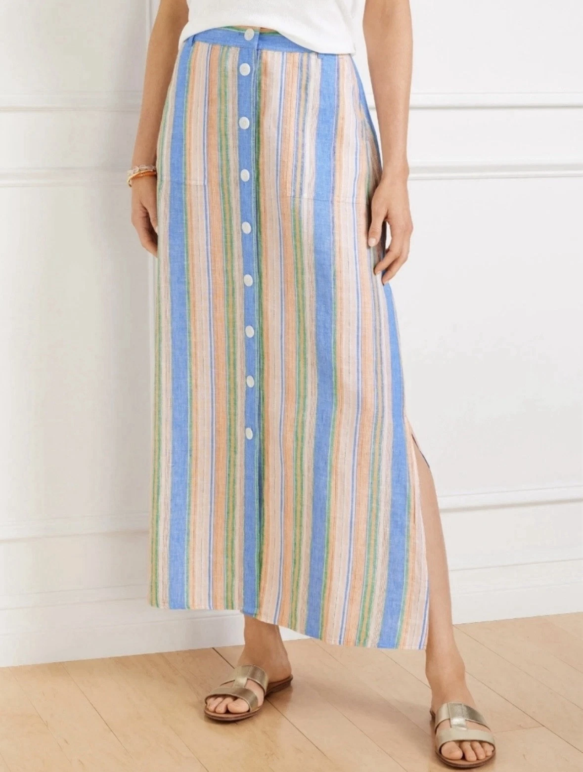 Talbots Womens Linen Striped Skirt Long Button Front Pockets Slits Plus Size 22W