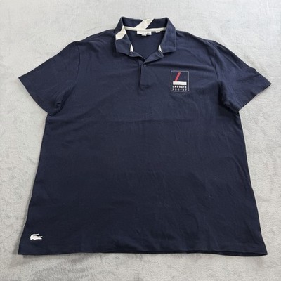 Lacoste Polo Shirt Mens 7 XXL Blue Short Sleeve Slim Fit Graphic FRA-27 Stripe