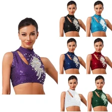 Womens Dancewear Latin Tops Sequins Crop Top Stage Lyrical Ballet Dance Samba