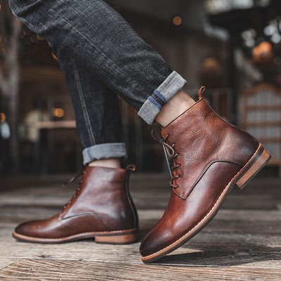 Retro American Style Mens Lace Up Motorcycle Real Leather Ankle Boots Outdoor sz