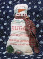 Extreme primitive snowman--feed sack Holly Sugar Bag--rag stuffed early goods