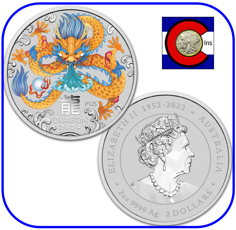 2024-2025秋冬 AZZURRA(アズーラ)キャメル 2024 Lunar Australia Dragon 2 oz Silver Color Colorized Coin