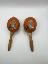 Vintage Hand painted Gourd Maracas Shakers Wooden Orange
