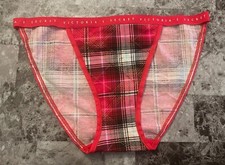 NWT VICTORIA'S SECRET RED GOLD GLITTER PLAID LOGO BAND STRING BIKINI PANTIES