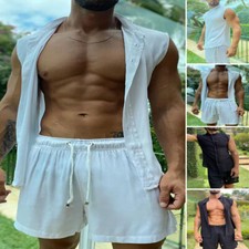 Men Summer Outfit 2-Piece Set Sleeveless Button Shirt and Shorts Beachsuit Set