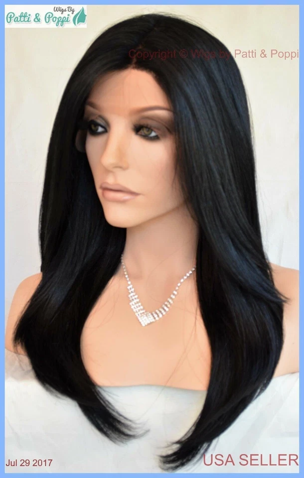 Swiss Lace Front Wig 4X4 Silk Top Hand tied Heat Safe Color #1  Long Thick 1237 - Image 3 of 4