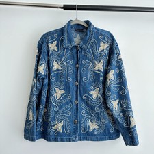 Vintage Embroidered Denim Jacket Womens Large Butterfly Abstract Boho Festival