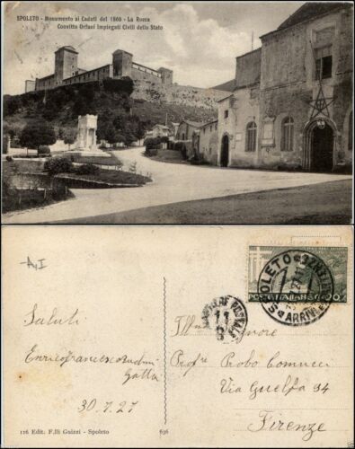 Spoleto, Perugia, monumento ai caduti 1860, la rocca, viaggiata 1927 - Foto 1 di 1