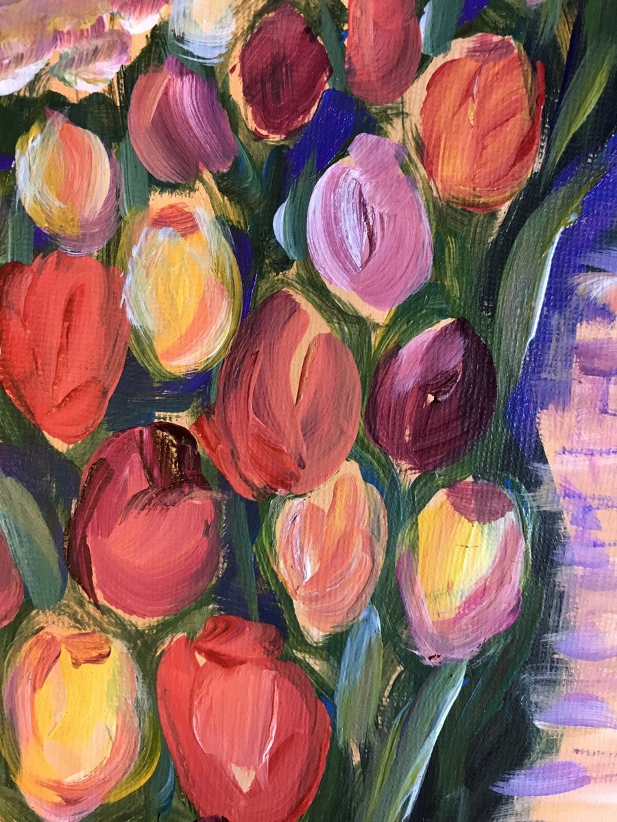 Acrylic Painting Tulip Flower Garden Landscape. Colorful