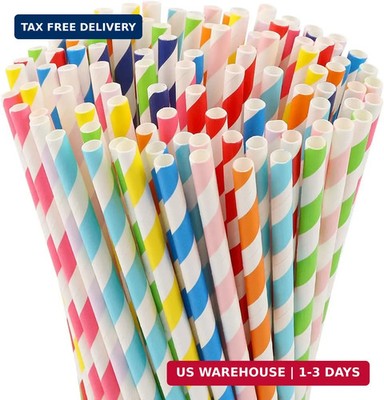 100 Pcs Biodegradable Paper Straws, Assorted Rainbow Colors Striped, 10 Colors f