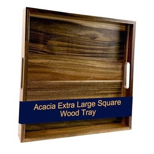 16'' Acacia Extra Large Square Wood Tray- Wood Tray for Ottoman, Rustic Square