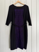 David Meister Ponte Knit Dress 14 Belted Black Purple Lace 3/4 Sleeve Sheath