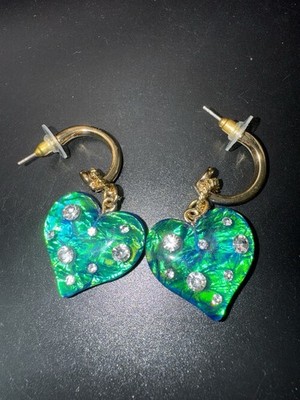 Vintage Italy Sparkling Laser Resin Heart CZ Stud Earrings green