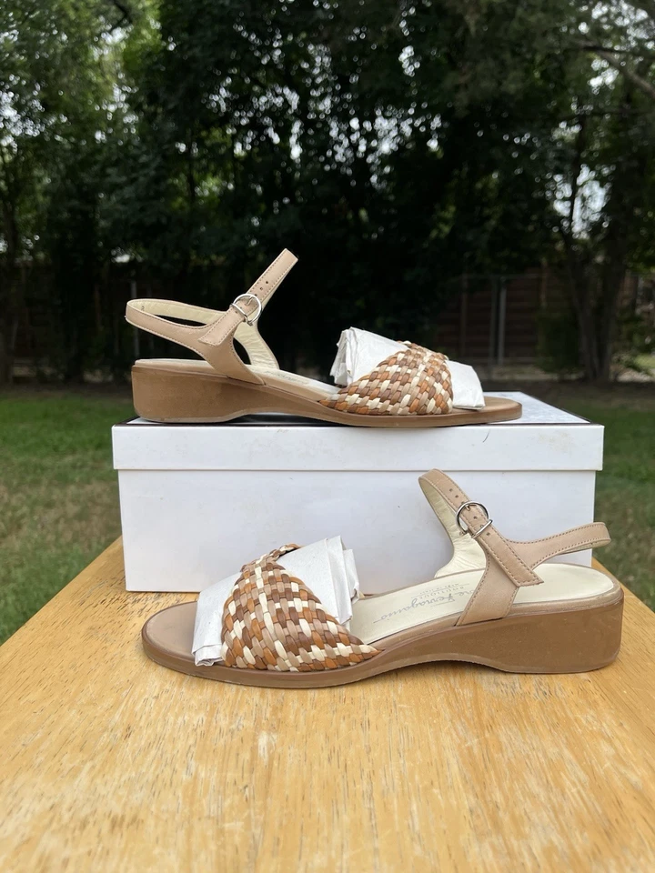 Sandalias de tacón Salvatore Ferragamo de cuero con detalles trenzados 7,5 marrón/tostado Foto 2 de 4