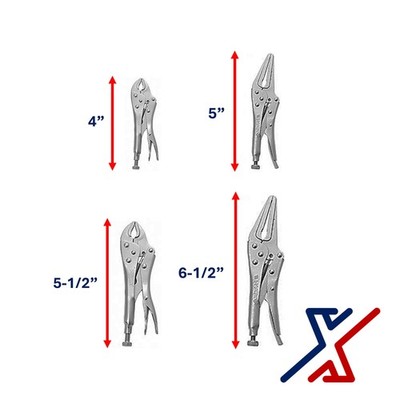 4pc Set: 4'' & 5.5'' Curved Jaw + 5'' & 6.5'' Long Nose Locking Pliers by X1 Tools