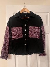 Women s Black Button Down Long Sleeve Shirt with Leopard Print Size Small