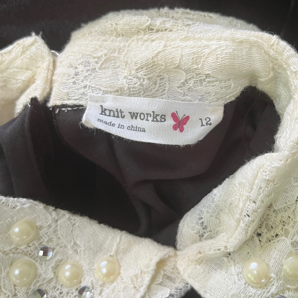 Knit Works Girls 12 Black Velvet Dress Pearl Lace Collar Holiday Christmas Party - Image 2 of 4