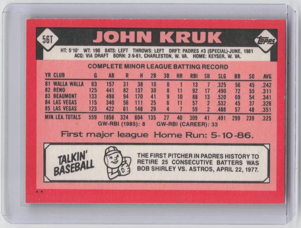 1986 Topps negociado #56T John Kruk 2025 vacaciones estampado novato RC SSP RARO Foto 2 de 2