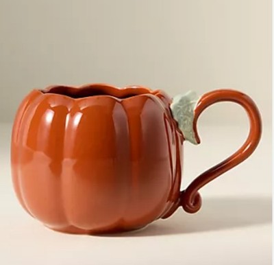Neu!! Anthropologie Figuraler Kürbis glasiertes Steinzeug Becher 2er Set Orange OOS 