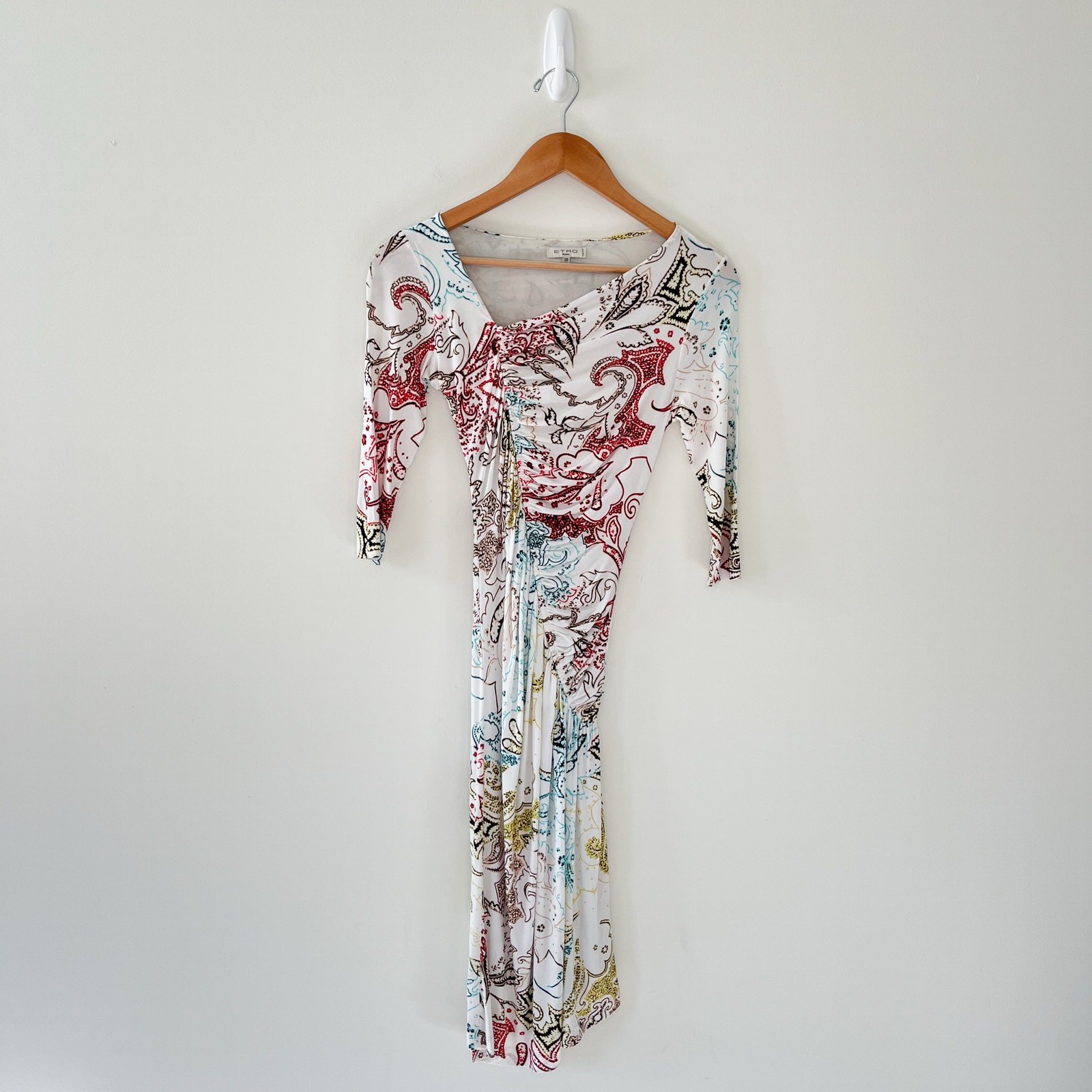 Etro Milano Floral Paisley White Ruched Stretch 3/4 Sleeve Dress Size 38 / Small