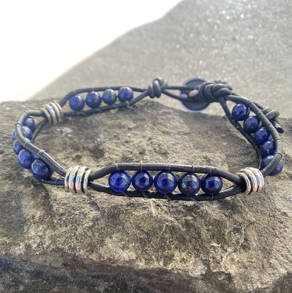 Men's 6mm Lapis and Silver Beaded Wrap Bracelet with Black Leather  USA - Image 4 of 4