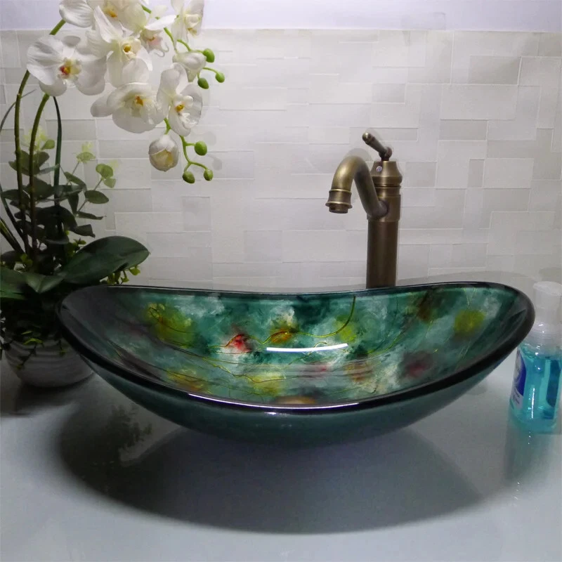 Cloakroom Boat Shape Tempered Glass Basin Bathroom Green Counter Top Sink HX017 - Image 3 of 4