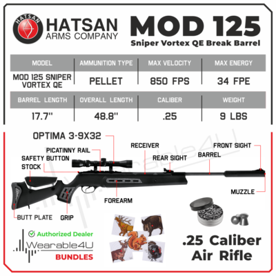 Hatsan MOD 125 Sniper Vortex QE .25 Caliber Air Rifle and Wearable4U Bundle