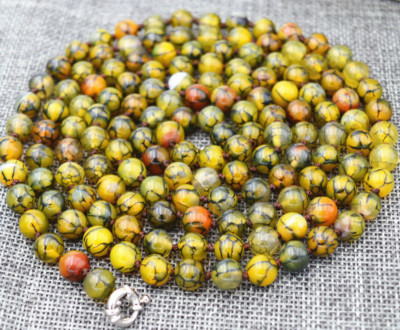 Long 50'' Natural 8mm Yellow Veins Dragon Agate Round Gemstone Beads Necklace