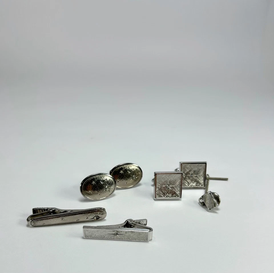 Paquete De Colección de Gemelos Tono Plata Clips de Corbata Pin Estrella Grabado Cristal Foto 2 de 4