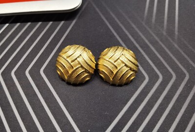 Vintage Signed Crown Trifari Brushed Gold Tone Dome Button Clip Earrings
