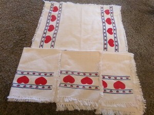 Vtg. (1940's) Red Heart Themed Placemats (18” X 13”) Broadcloth w/Tassel Borders
