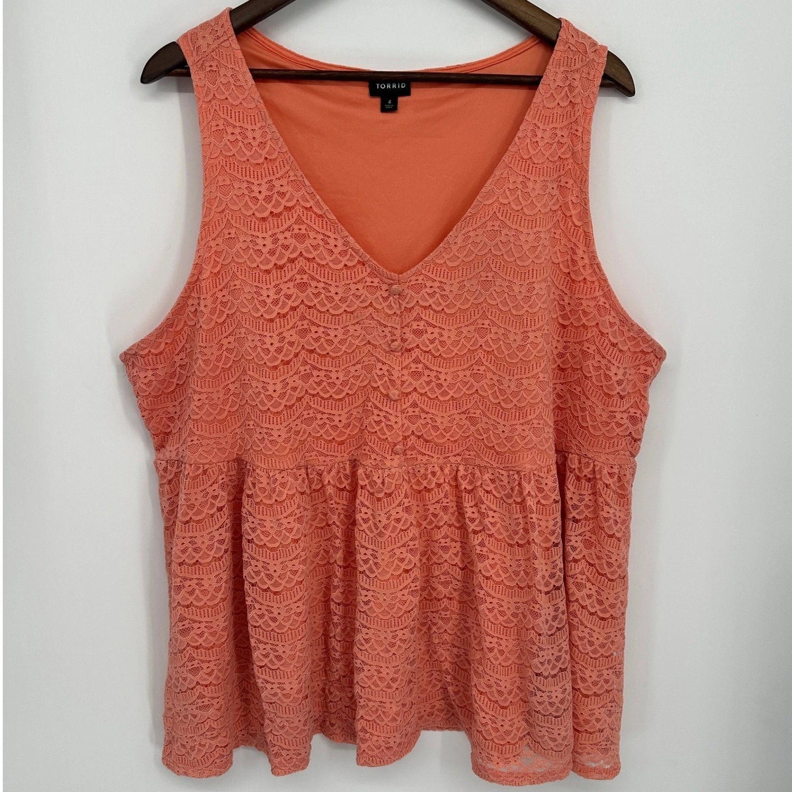 Torrid Coral Orange Lace Peplum Top Size 4 Sleeveless V-Neck Babydoll Boho - product detail image 1