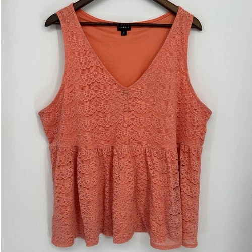Torrid Coral Orange Lace Peplum Top Size 4 Sleeveless V-Neck Babydoll Boho - product listing photo