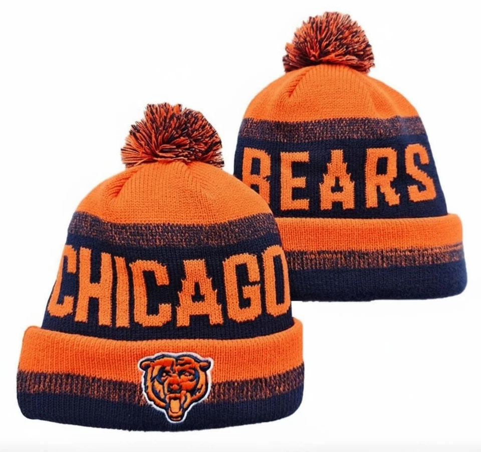 Chicago Bears Knit Beanie | Thermal Fleece Lined Pom Winter Hat | Orange Navy