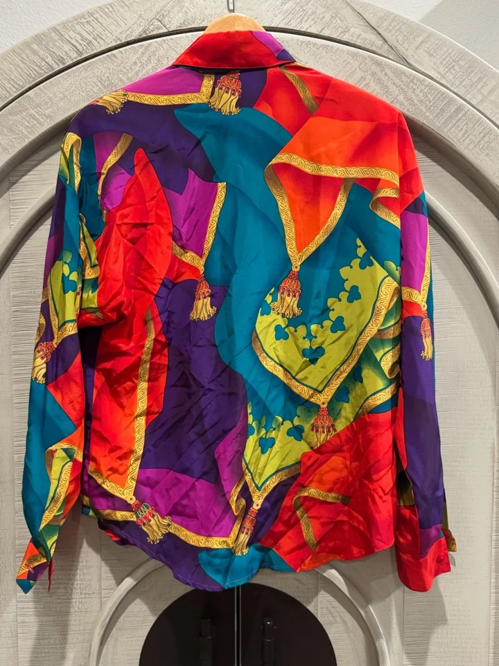 Blusa Top Vintage Ellen Tracy Seda Colorido Bufanda Estampado Ecuestre 100% Seda 90 Foto 2 de 4