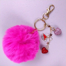 Keychain, Bag Charm, Purse Charm, Pink Pom-Pom with Charms 169